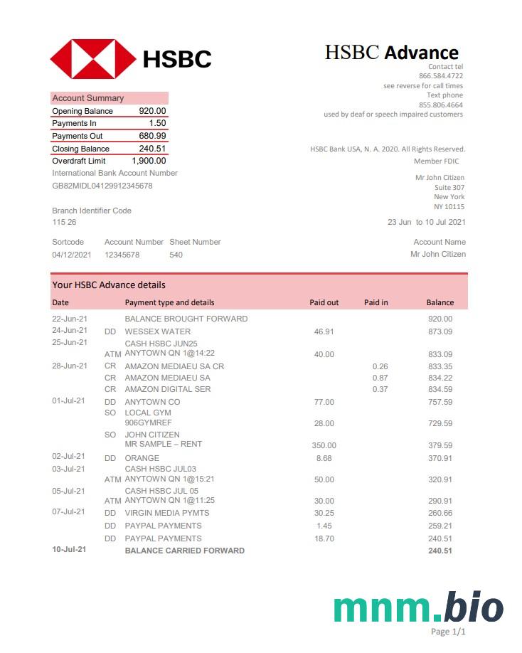 Szablon wyciągu bankowego USA HSBC, w pełni edytowalny w formacie PSD